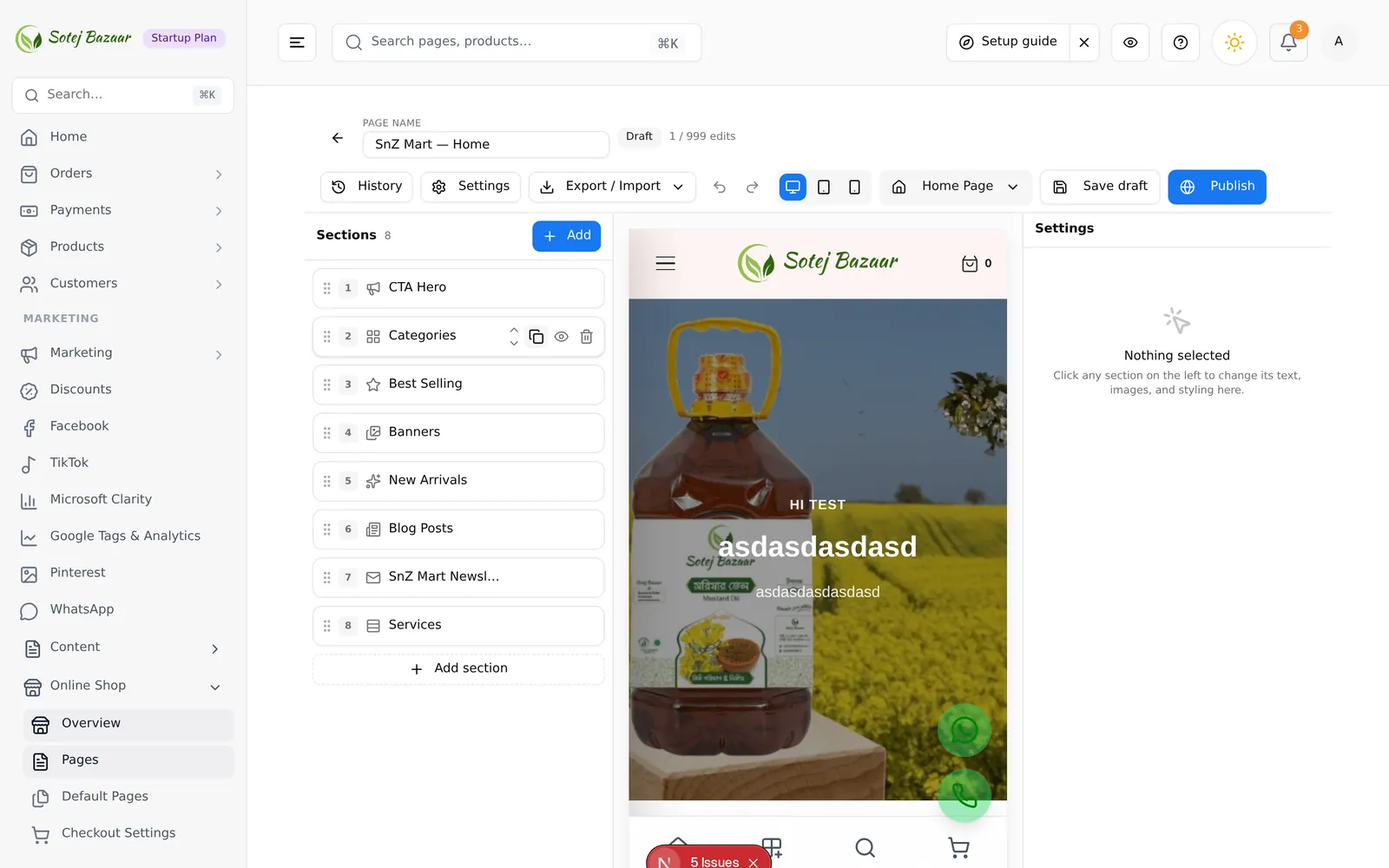 The page builder with the Sections rail on the left, the storefront preview in the middle and the settings panel on the right