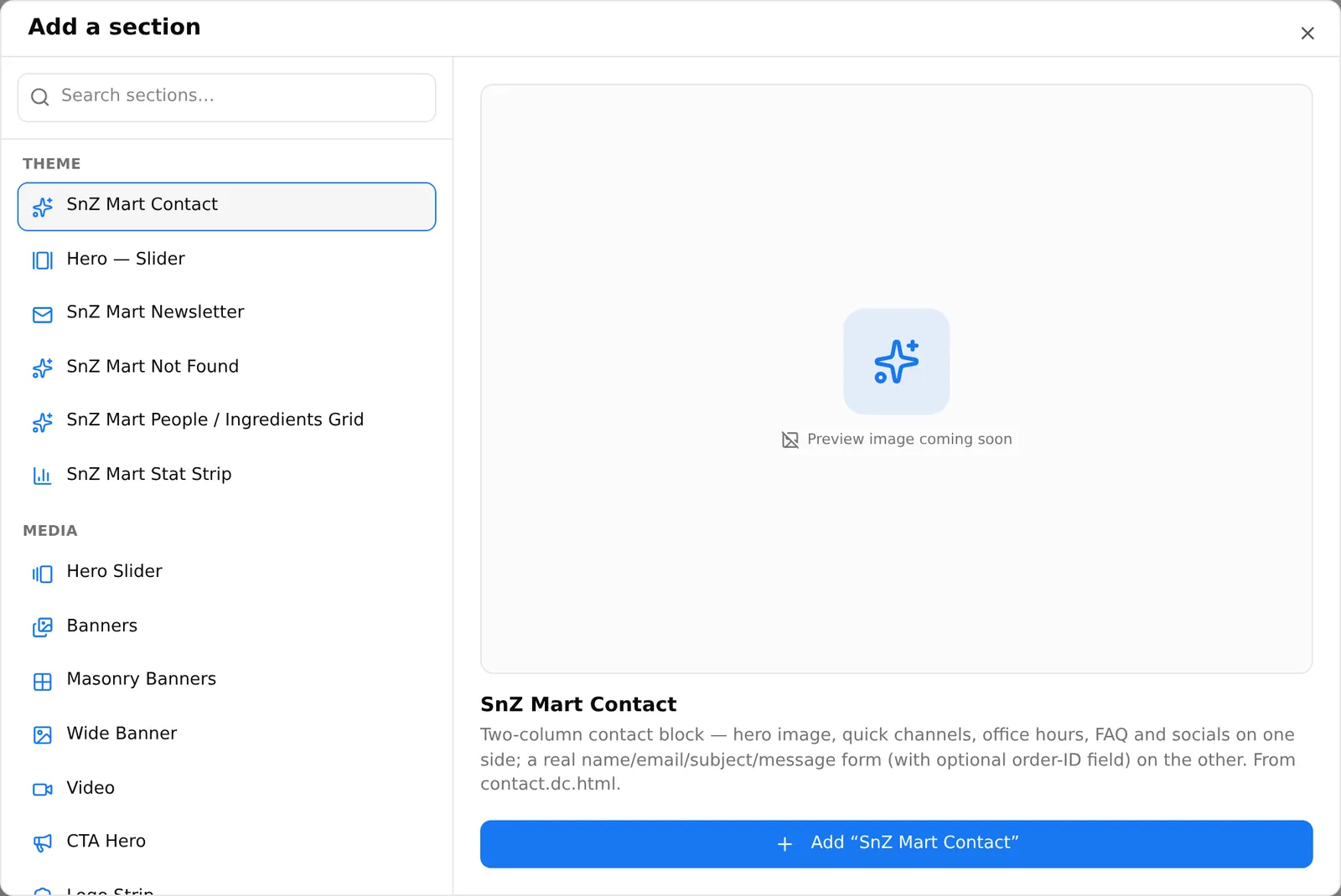 The Add a section gallery, with the searchable list of sections on the left and a preview of the highlighted one on the right