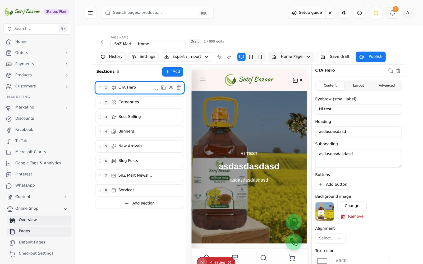 The settings panel for a selected section, with its Content, Layout and Advanced tabs