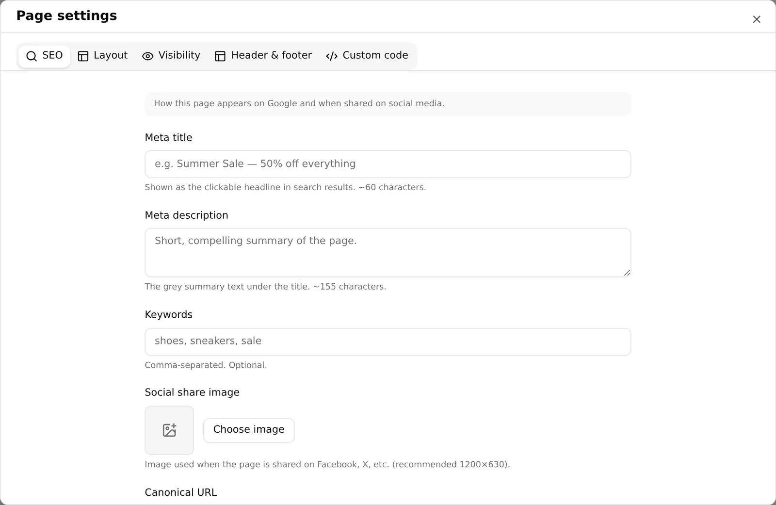 The page settings dialog on its SEO tab, showing the page URL and meta fields