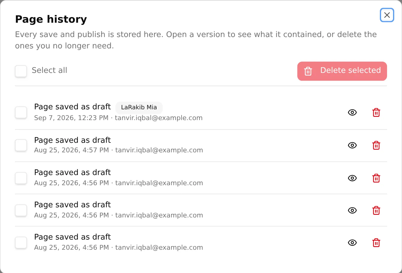 The page history dialog listing stored versions with their dates