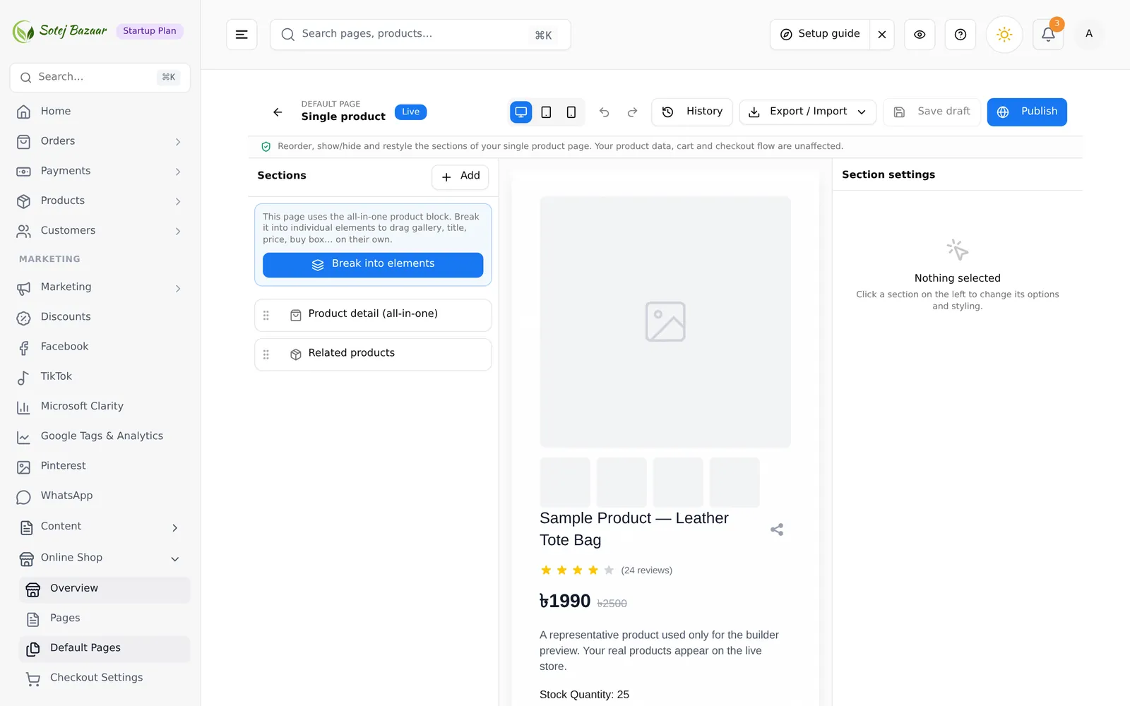 The default page builder editing the product page, with its section list, preview and settings panel