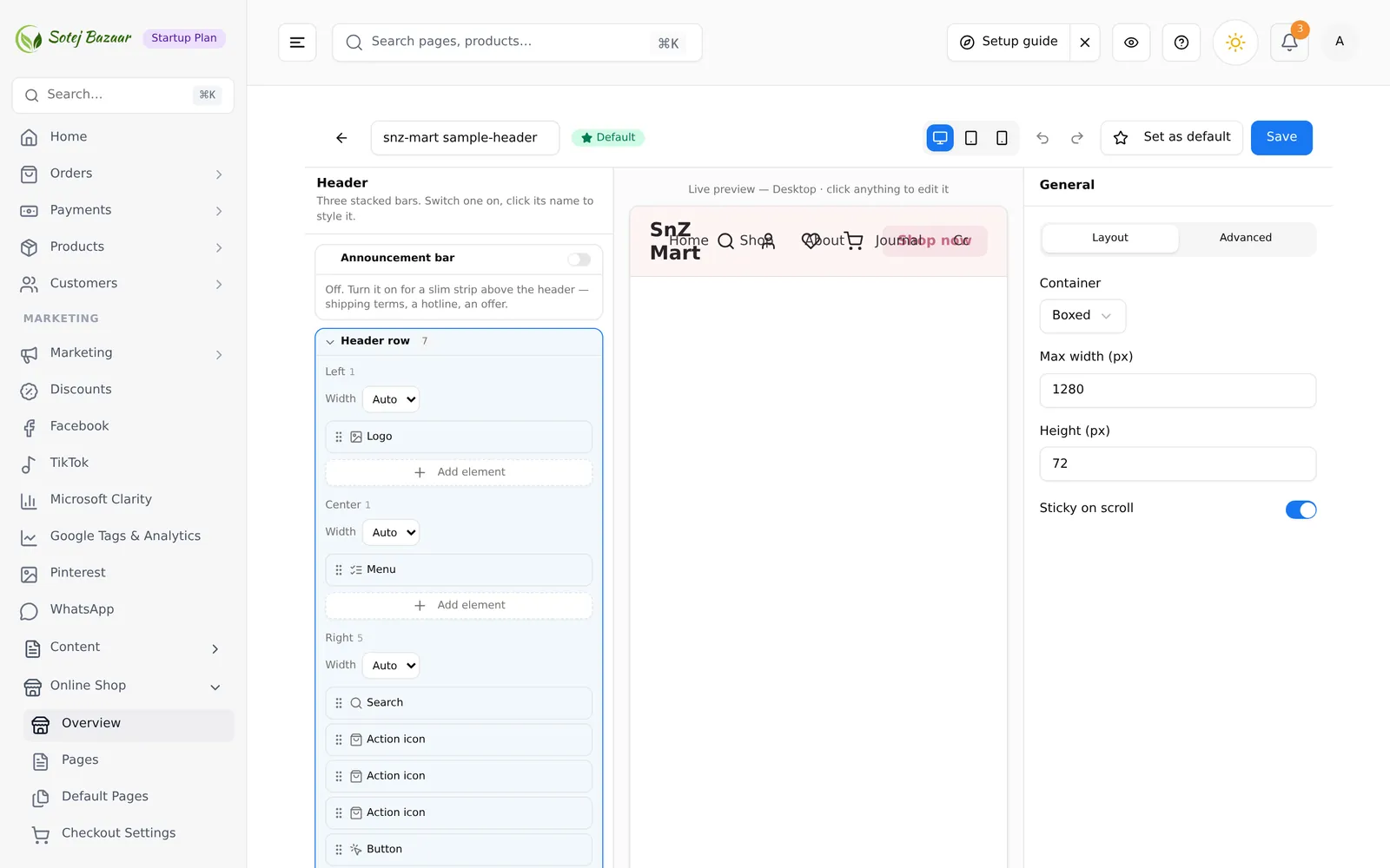 The header builder, showing the announcement bar, header row and second row with their left, center and right zones