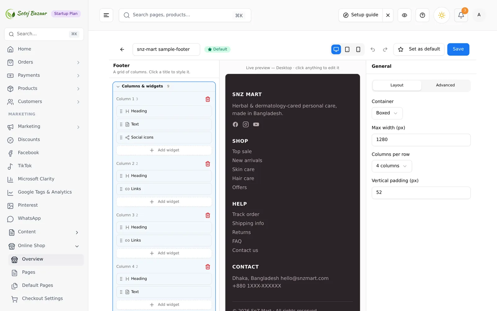 The footer builder, with its columns of widgets and the bottom copyright bar