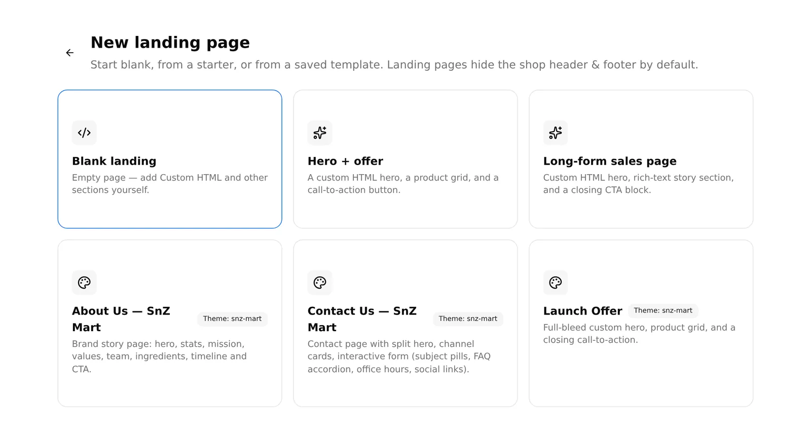 The New landing page chooser with the blank option, the starters and the saved templates